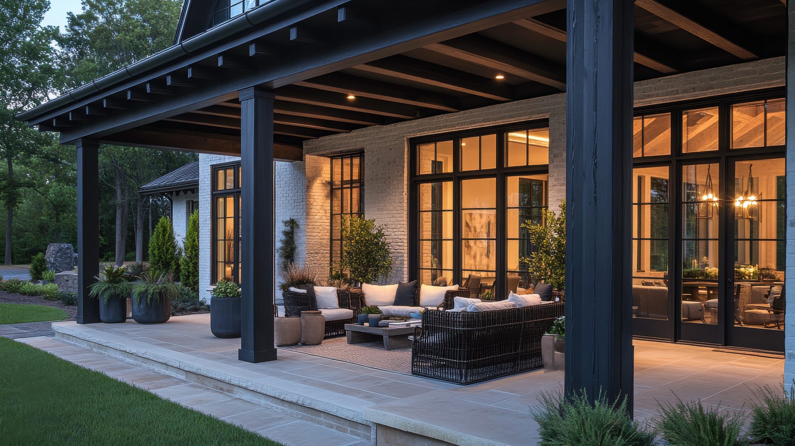 A close-up view of a farmhouse porch, with dark wooden beams and columns supporting the roof. The porch features cozy seating areas with modern furniture, plants, and soft lighting, creating a welcoming entrance. The large, grid-patterned windows allow natural light to flow